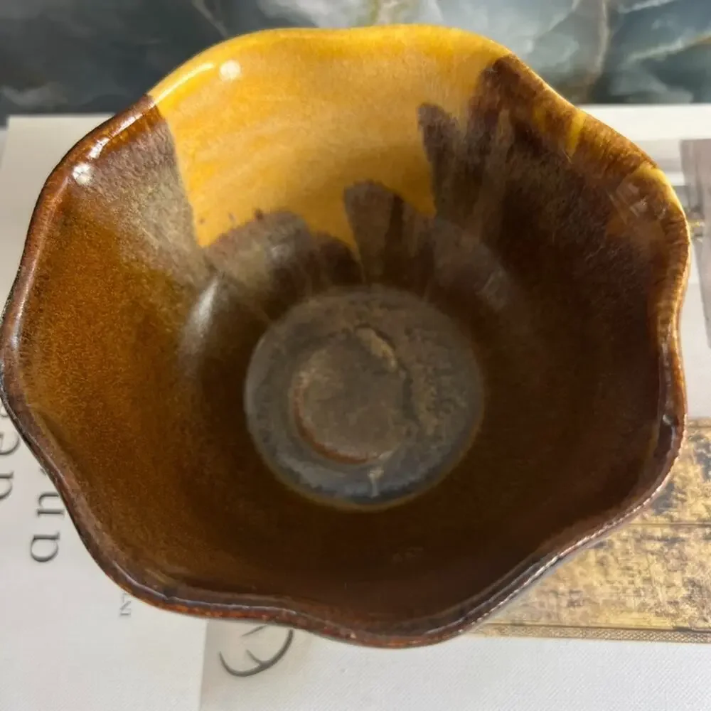 Pat Schweikert Studio Art Pottery Decorative Bowl Stoneware Brown Yellow Drip